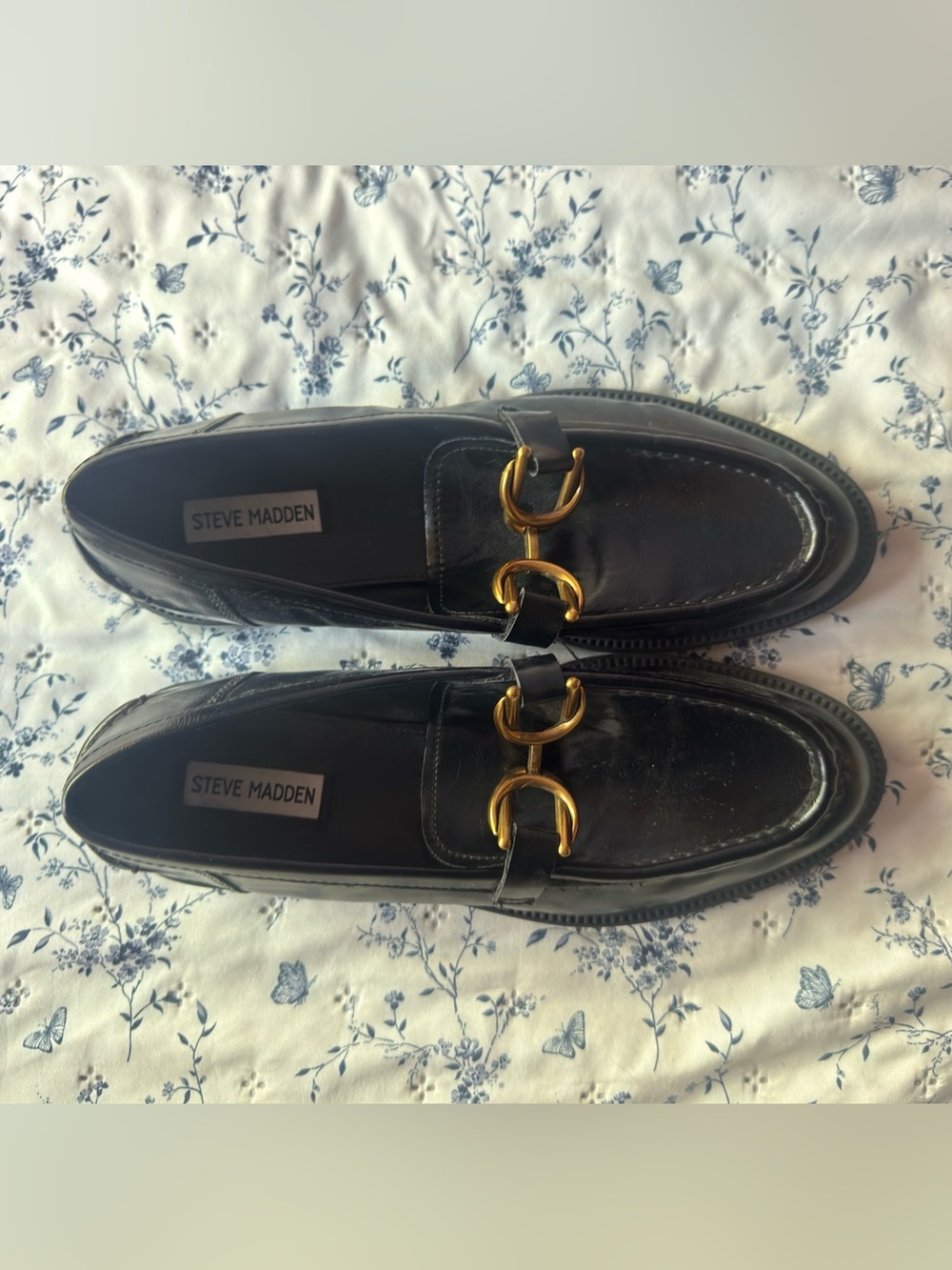 Steve Madden Black Leather Loafers with Gold Horsebit Detail